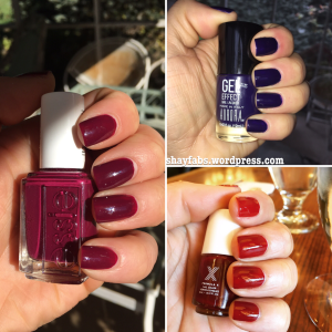 Left: Essie in bahama mama. Top Right: Aurora Gel Effect in inky dinky. Bottom Right: Formula X in ignite.