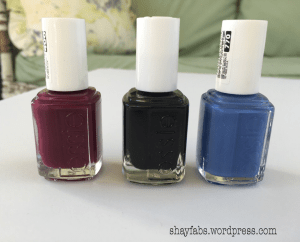 Essie nail polishes (Left to Right): bahama mama, licorice, and pret-a-surfer.